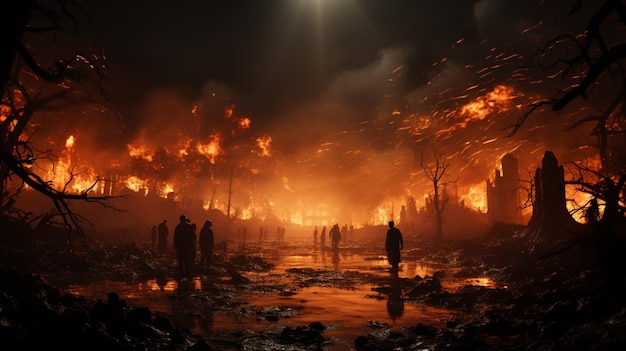 写真 暗い森の背景で炎が燃えており、前景に人々が立っています。