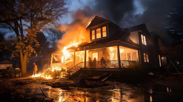 Photo flames are coming out of a house on fire in the dark generative ai