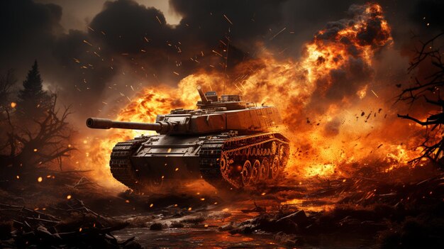 Photo flames are coming out of a tank in a field generative ai