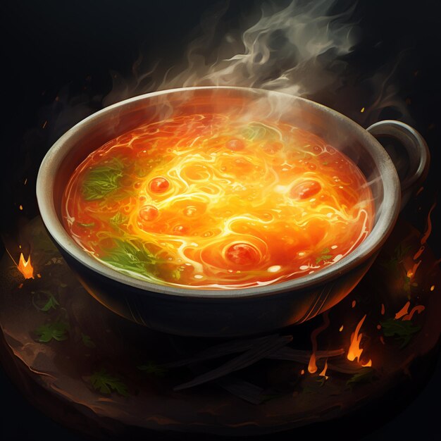 불꽃은 접시에 있는 수프의 그에서 아오르고 있습니다.
