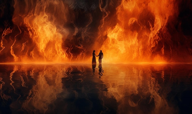 Photo flames are rising from the ground and two people are standing in the water generative ai
