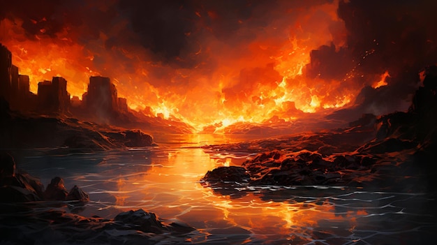 flames are rising from the mountains and water in a river generative ai