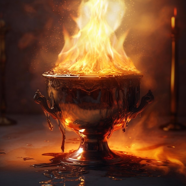 flames are rising from a shiny metal bowl on a table generative ai