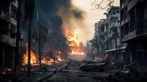 Flames Are Seen In The Distance As A Car Burns Through A Street