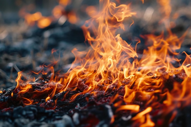 Flames of a bonfire in the forest closeup