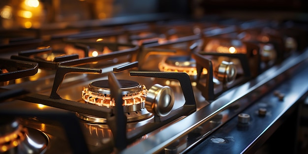 Flames burn on a gas stove in a kitchen with a dark background generative ai