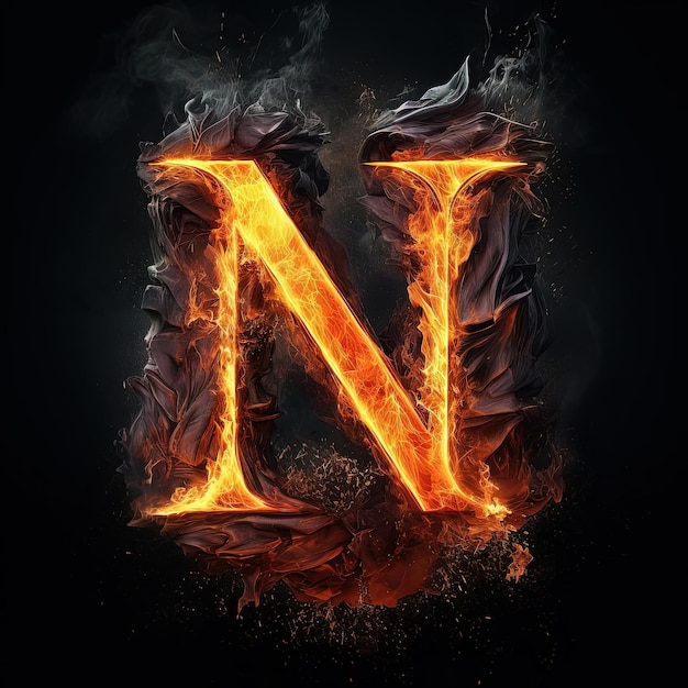 Photo flames and foam burn the letter n on a black background