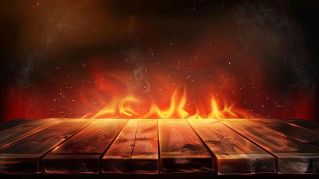 Photo flames from an oven burning on an edge of wooden table modern realistic illustration of natural wood plank surface with a red and orange flame and sparks in the air restaurant bbq menu background