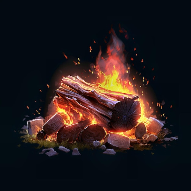 flames glowing in the log bonfire