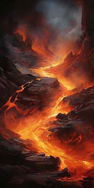 Flames and lava flow through a rocky landscape in a dark sky generative ai