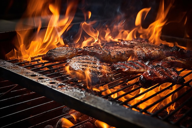 Flames licking the surface of a barbecue grill