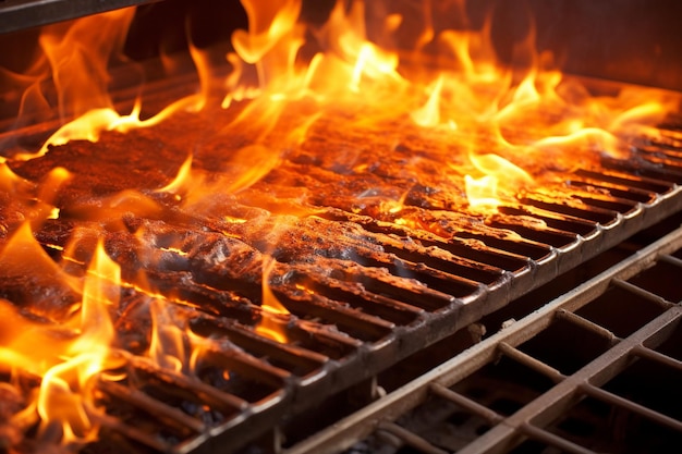 Flames licking the surface of a barbecue grill