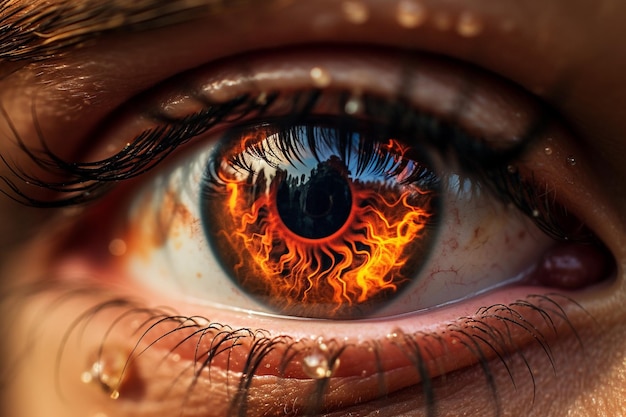 Flames reflected in the eyes of a person