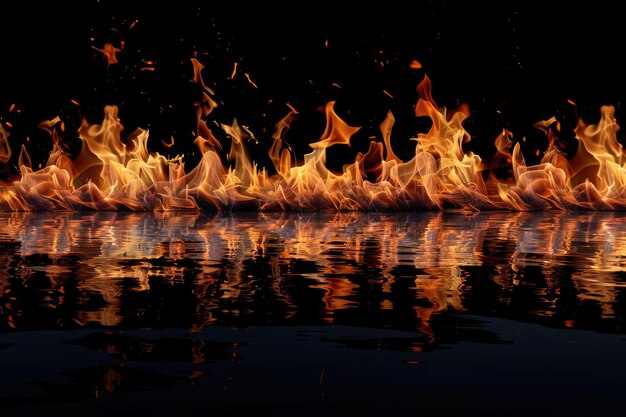 Пламя ревет на черном фоне, отражающемся в воде.