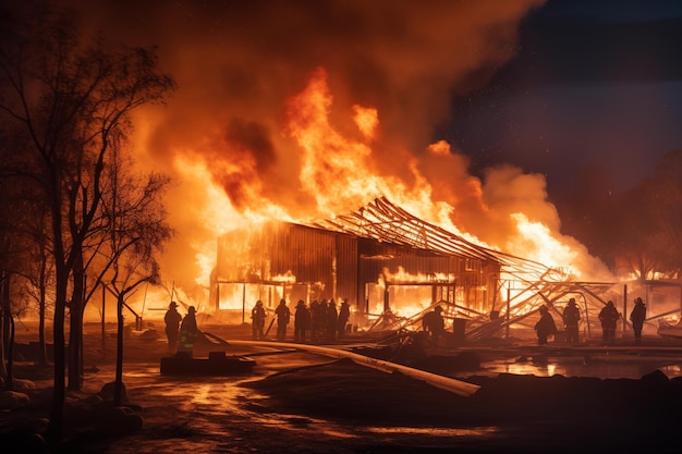 Flames of roof can be seen consuming buildings as result of fire in residential home disaster in