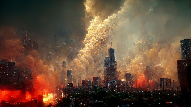 Photo flames and smoke rise from a city skyline as a fire burns generative ai