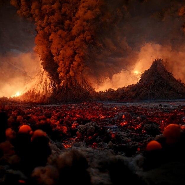 Flames and smoke rise from a volcano in the distance generative ai