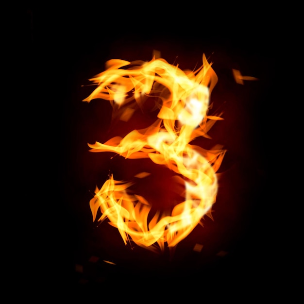 Flaming 3 on black background Stylized number design