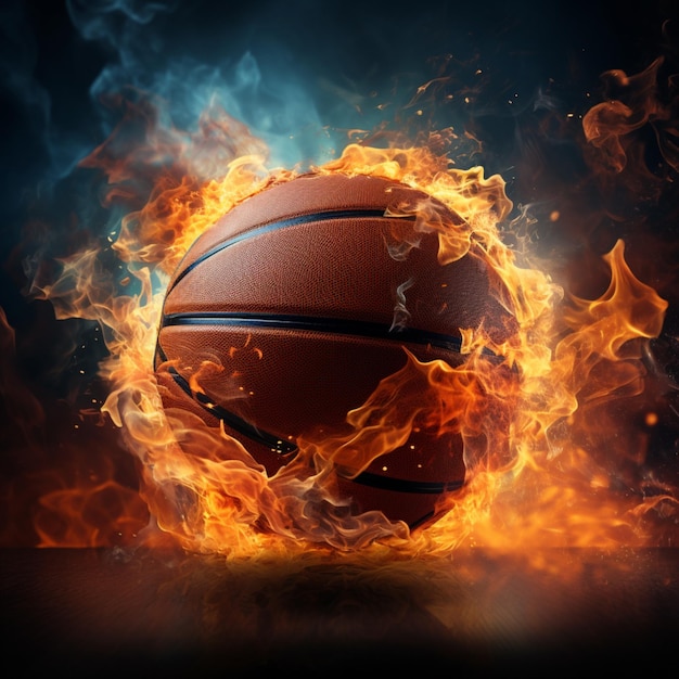 Photo flaming basket charge intense ball movement as hoop ignites in basketball for social media post siz