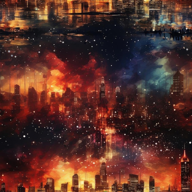 Flaming city landscapes against the night sky tiled