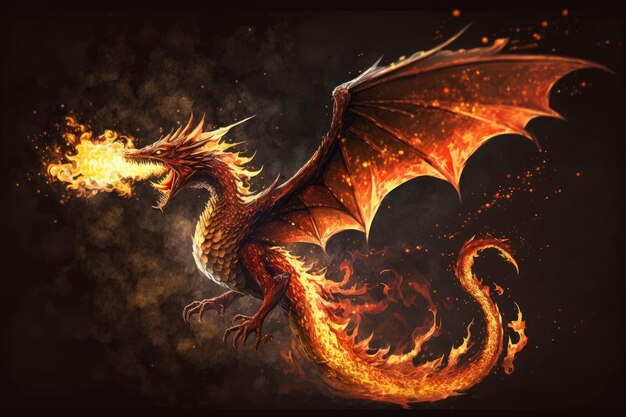 Flaming dragon in flight spreading its wings and breathing fire