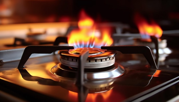 Flaming gas burners on household kitchen stove