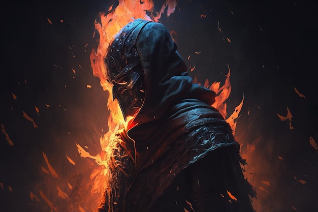 Flaming hero with dark background