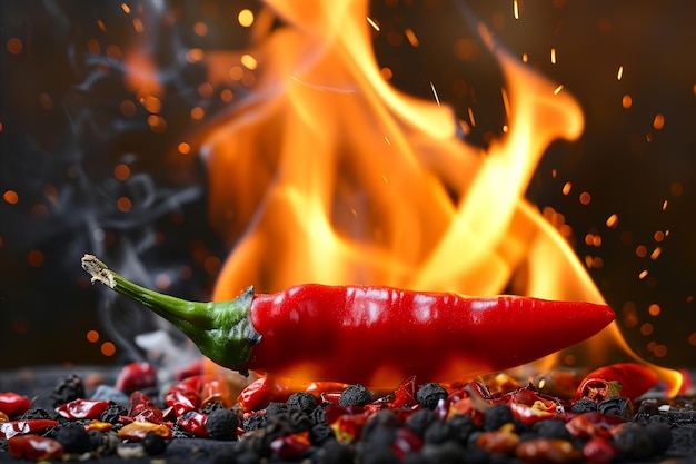 Photo a flaming hot red chilli pepper on fire burning hot spicy chilli food