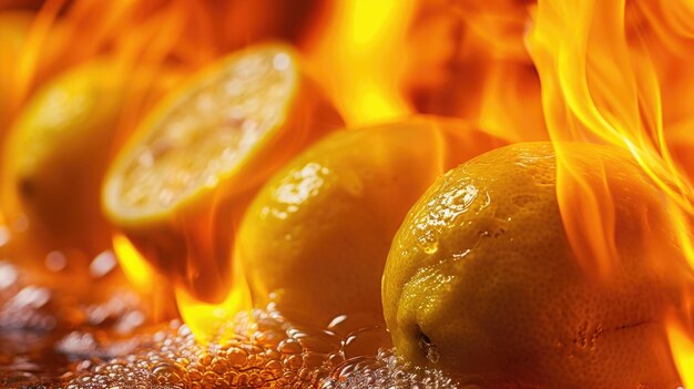 Photo flaming lemons in fire and heat closeup ai generative