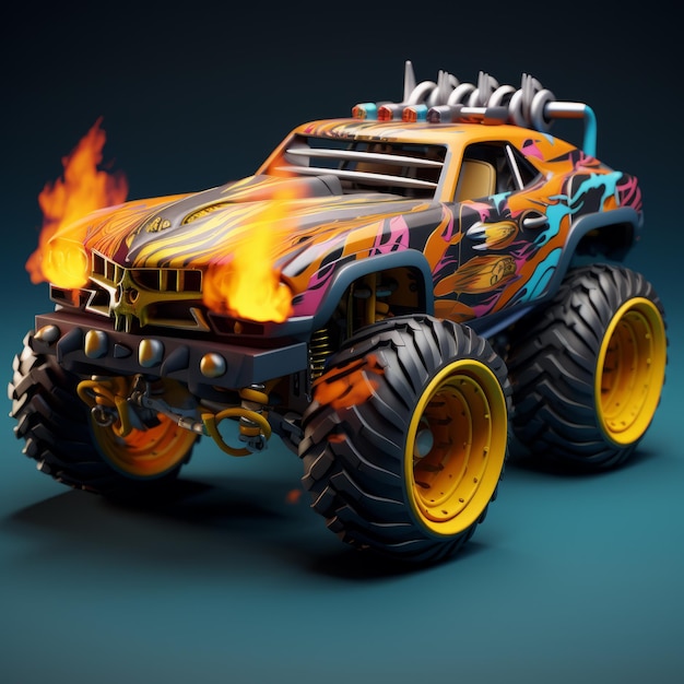 Flaming Monster Truck Realistic 3d Rendering With Psychedelic Twist