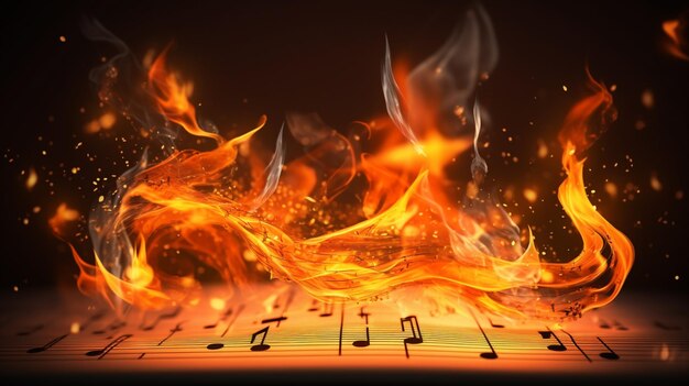 Flaming musical notes fly off the page beautiful image Ai generated art