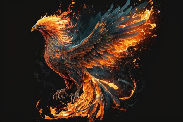 Flaming phoenix in midair on dark background