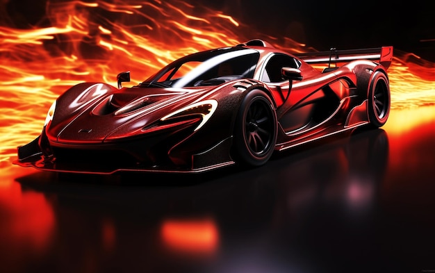 Foto flaming racer auto da corsa rossa ad alto dettaglio su sfondo scuro con fuoco