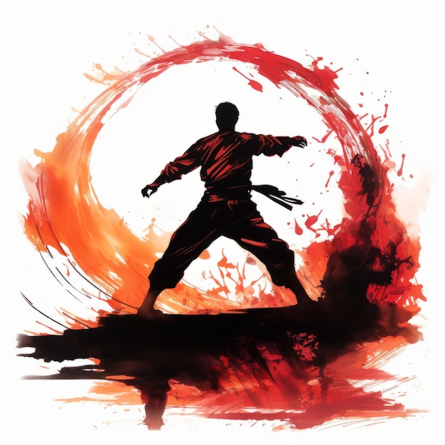 Photo flaming shadows the enigmatic kung fu dancer in a fiery black silhouette