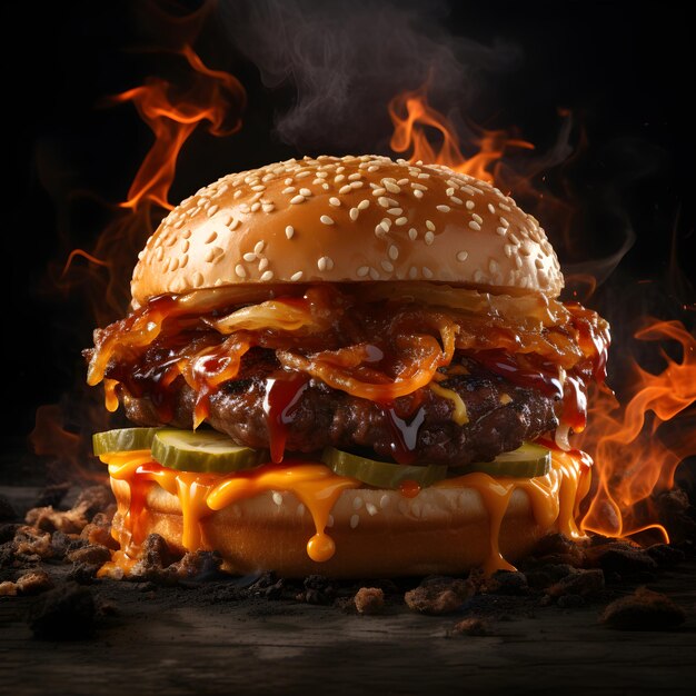 Flaming spicy burger with smoke close up