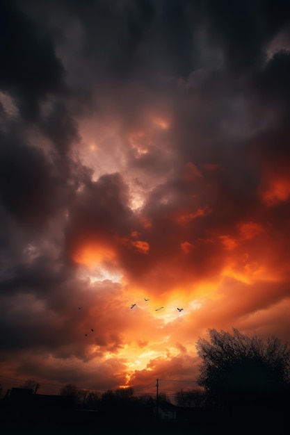 Пылающий закат с птицами, летающими над деревьями в стиле капризной атмосферы, цветные брызги атмосферных облаков
