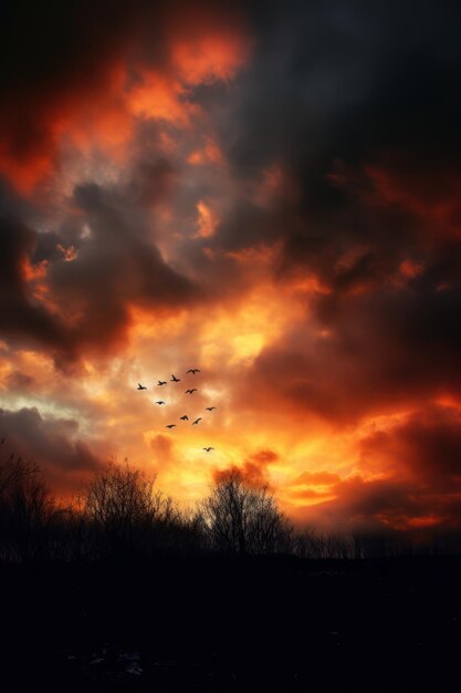 A flaming sunset with birds flying above trees in the style of moody atmosphere color splash atmospheric clouds