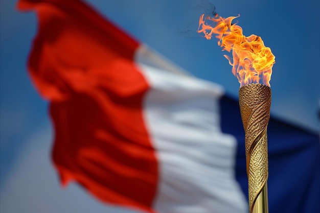 Пламенный факел перед французским флагом