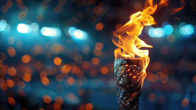 Flaming torch in front of the stadium during the match banner copy space