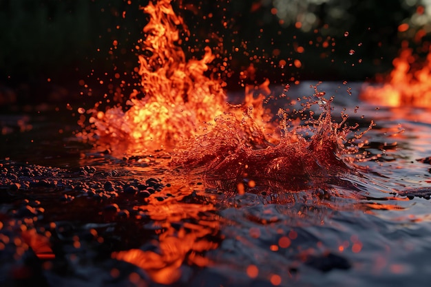 Flaming water with sparks and water splashes on dark background
