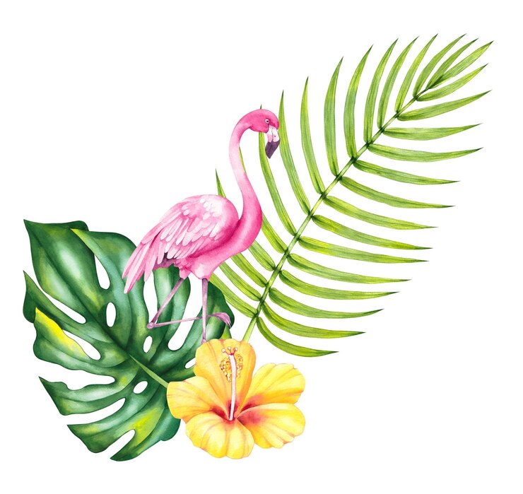Foto flamingo aquarel vogel illustratie roze flamingo en tropische bloemen palmbladeren geïsoleerd op