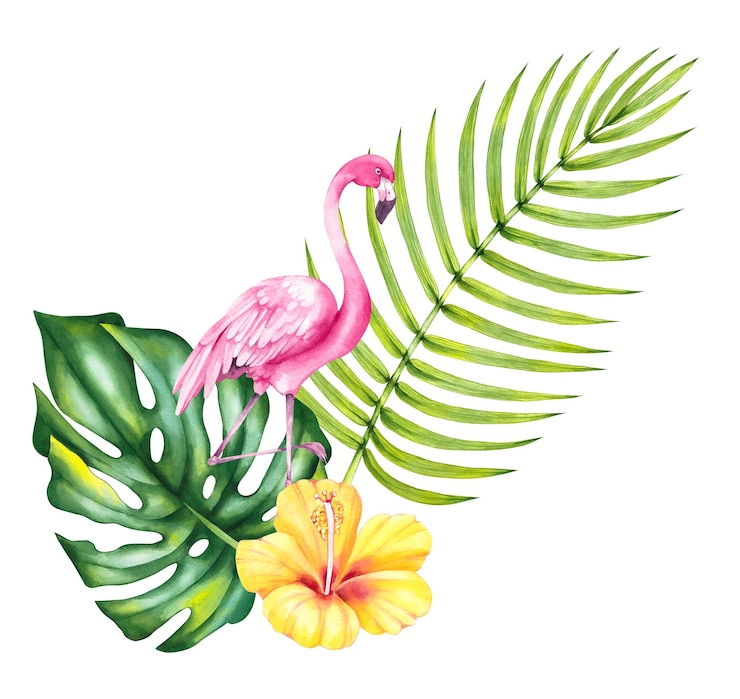 Foto flamingo aquarel vogel illustratie roze flamingo en tropische bloemen palmbladeren geïsoleerd op