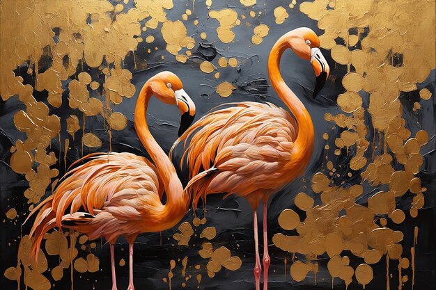 Flamingo art design illustration painting on canvas background with gold splashes