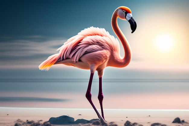 Flamingo on the beach in the sunset