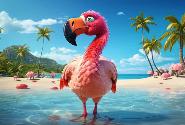 Photo flamingo on beach wallpapers in the style of cartoonish character design