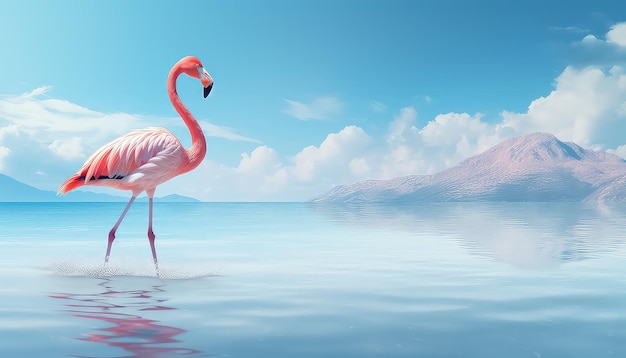 flamingo on the beach and waters surrounding mountains