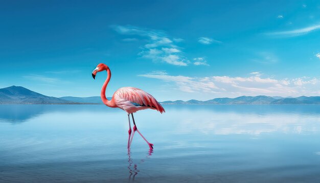 Flamingo on the beach and waters surrounding mountains