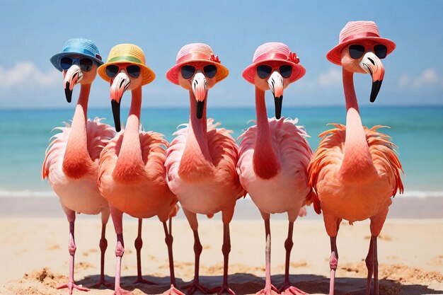 Foto flamingo sulla spiaggia con cappello e occhiali da sole nelle vacanze estive