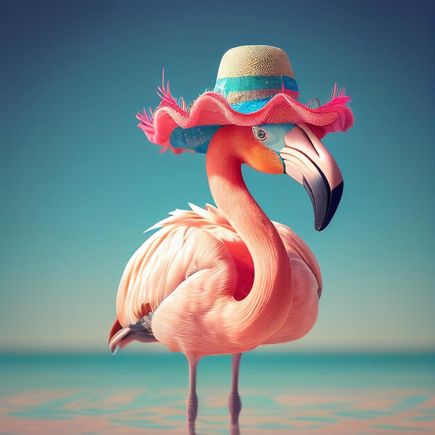 flamingo bird in floral hawaiian blooming flowers outfits in sandy sand beach