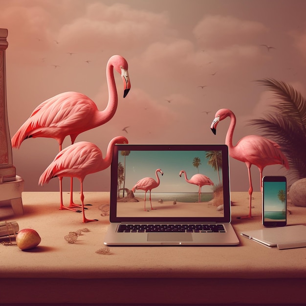 Flamingo bird with macbook device flamingo bird on beach wallpaper AI Generated art